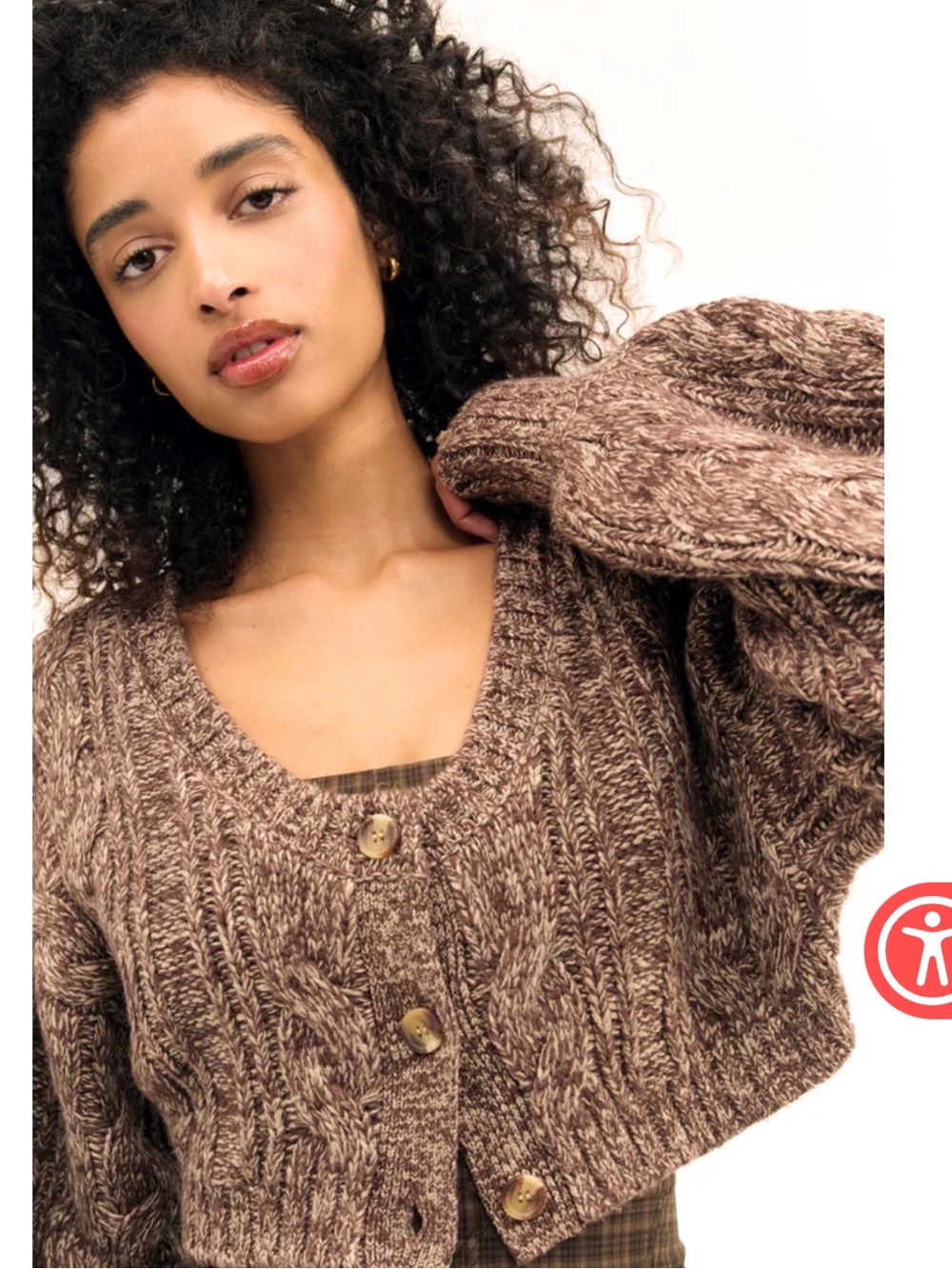 For Love & Lemons Brown Marled Cable Knit Cropped Cardigan